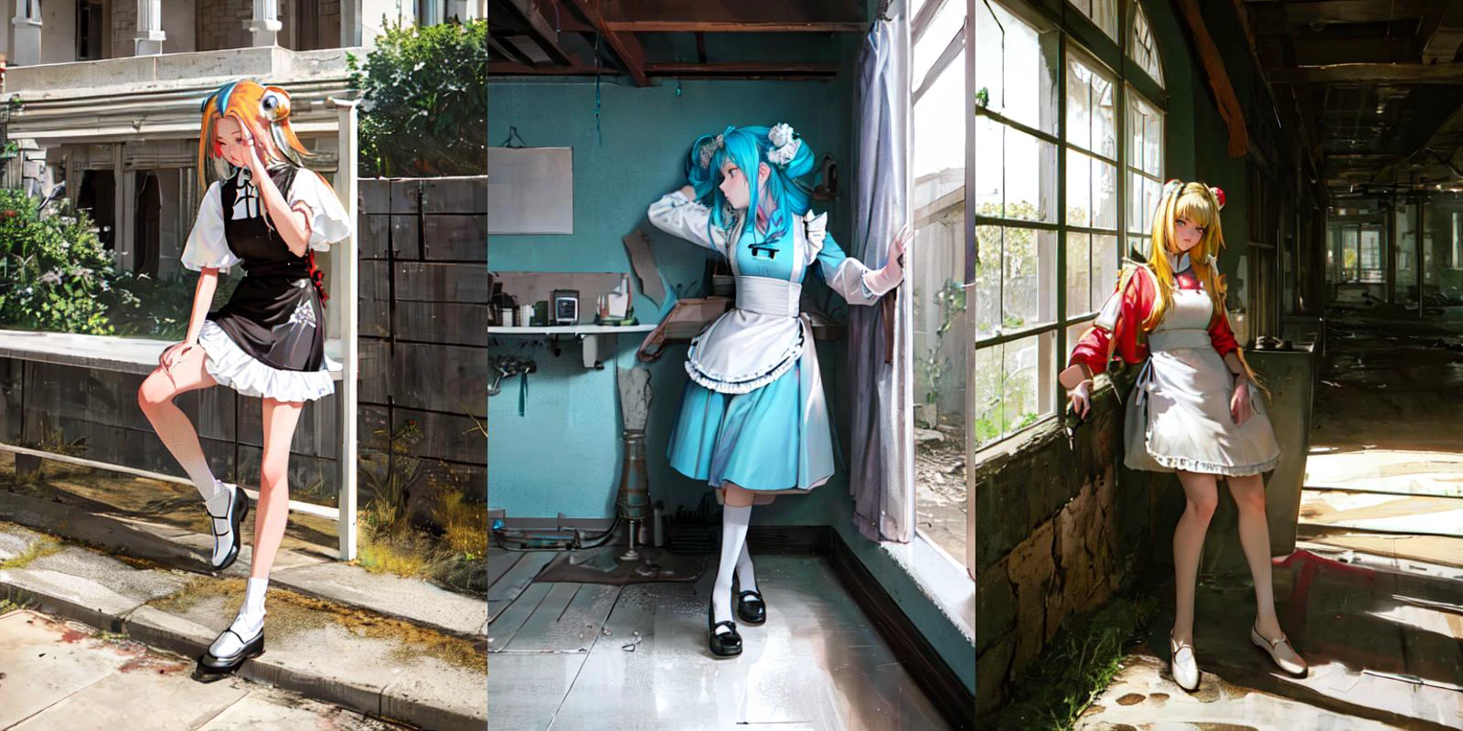 (otherworldly), highly insanely detailed, masterpiece, top quality, best quality, highres, 4k, 8k, RAW photo, (very aesthetic, beautiful and aesthetic), 1girl, Tower13_Gizelle,
BREAK
<lora:china maid_V1.0:1>,
jyojifuku, china maid, apron, frills, double bun,
BREAK
(long-shot ruins, building, window frame, cracked window, wall corner, upturned, abandoned, metal, industrial, fence, moody, cracked mud, urban, canalside:1.2),
BREAK
(__lazy-wildcards/char/haircolor__:1.3),
__lazy-wildcards/dataset/background-color__,
âââ