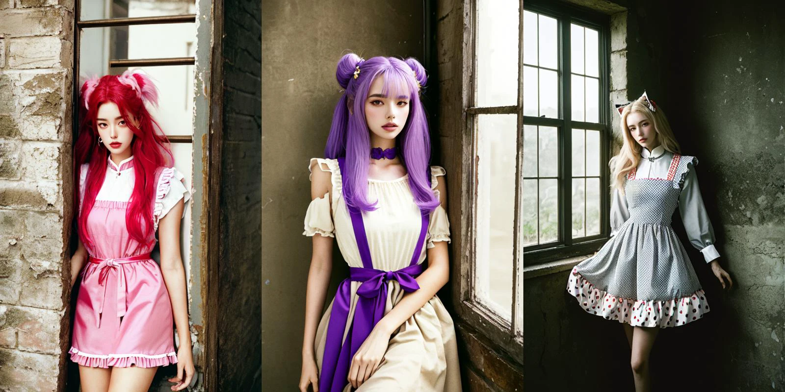 (otherworldly), highly insanely detailed, masterpiece, top quality, best quality, highres, 4k, 8k, RAW photo, (very aesthetic, beautiful and aesthetic), 1girl, Tower13_Gizelle,
BREAK
<lora:china maid_V1.0:1>,
jyojifuku, china maid, apron, frills, double bun,
BREAK
(long-shot ruins, building, window frame, cracked window, wall corner, upturned, abandoned, metal, industrial, fence, moody, cracked mud, urban, canalside:1.2),
BREAK
(__lazy-wildcards/char/haircolor__:1.3),
__lazy-wildcards/dataset/background-color__,
âââ