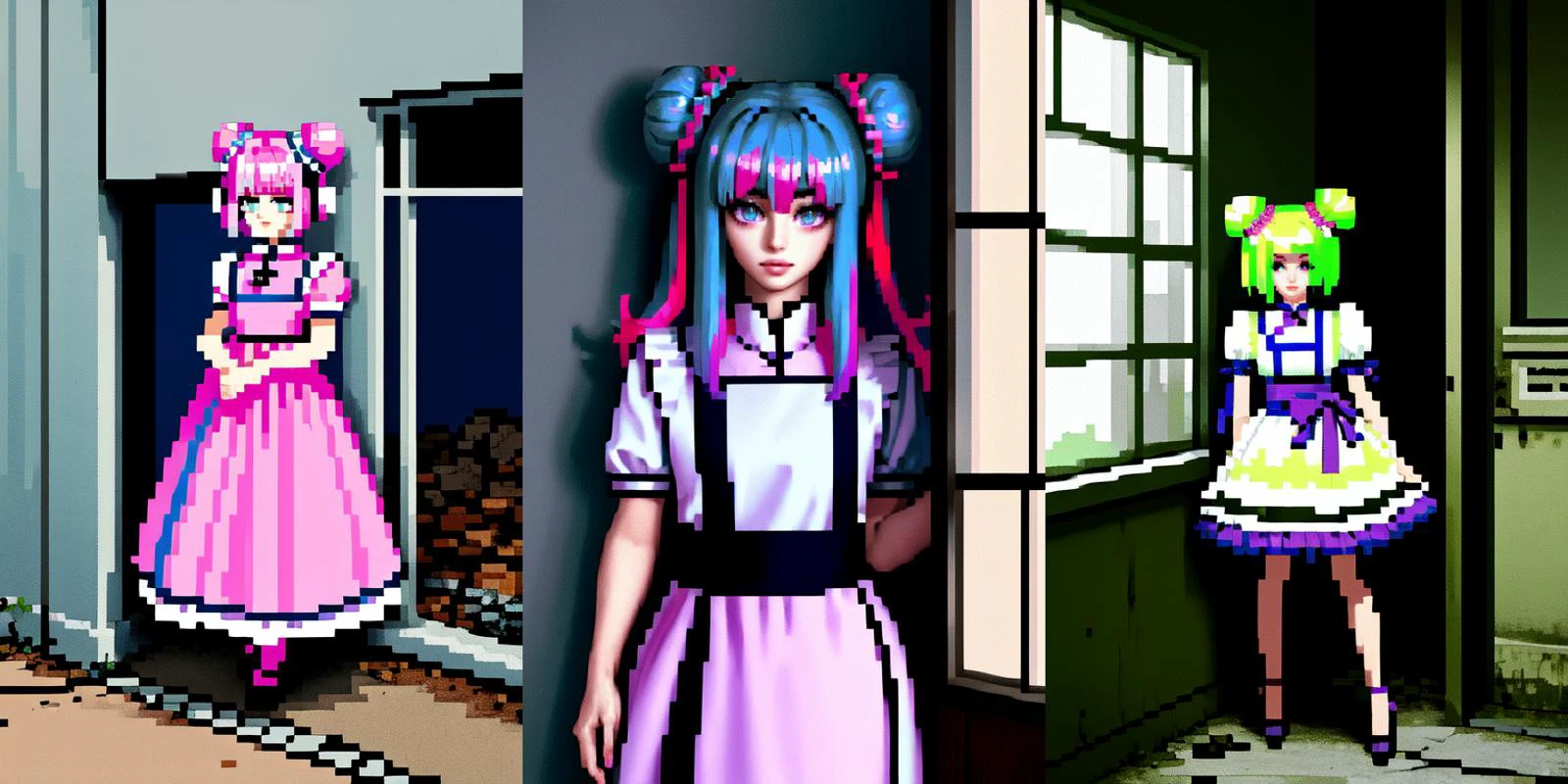 (otherworldly), highly insanely detailed, masterpiece, top quality, best quality, highres, 4k, 8k, RAW photo, (very aesthetic, beautiful and aesthetic), 1girl, Tower13_Gizelle,
BREAK
<lora:china maid_V1.0:1>,
jyojifuku, china maid, apron, frills, double bun,
BREAK
(long-shot ruins, building, window frame, cracked window, wall corner, upturned, abandoned, metal, industrial, fence, moody, cracked mud, urban, canalside:1.2),
BREAK
(__lazy-wildcards/char/haircolor__:1.3),
__lazy-wildcards/dataset/background-color__,
âââ