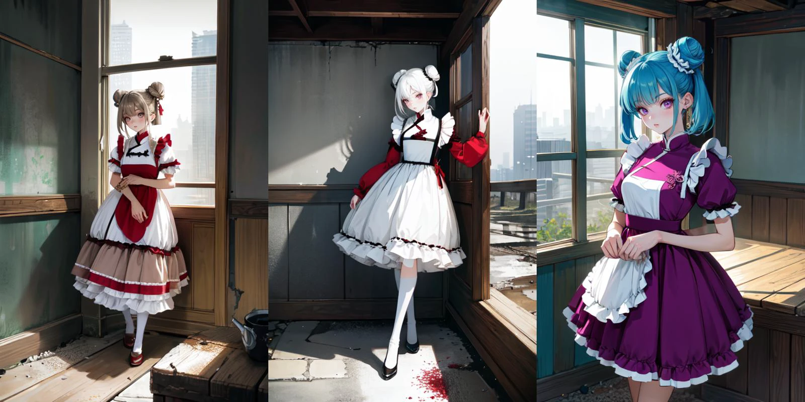 (otherworldly), highly insanely detailed, masterpiece, top quality, best quality, highres, 4k, 8k, RAW photo, (very aesthetic, beautiful and aesthetic), 1girl, Tower13_Gizelle,
BREAK
<lora:china maid_V1.0:1>,
jyojifuku, china maid, apron, frills, double bun,
BREAK
(long-shot ruins, building, window frame, cracked window, wall corner, upturned, abandoned, metal, industrial, fence, moody, cracked mud, urban, canalside:1.2),
BREAK
(__lazy-wildcards/char/haircolor__:1.3),
__lazy-wildcards/dataset/background-color__,
âââ