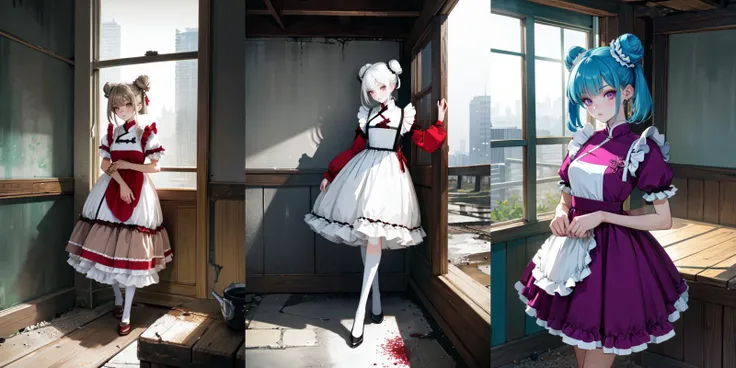 (otherworldly), highly insanely detailed, masterpiece, top quality, best quality, highres, 4k, 8k, RAW photo, (very aesthetic, beautiful and aesthetic), 1girl, Tower13_Gizelle, 
BREAK
<lora:china maid_V1.0:1>, 
jyojifuku, china maid, apron, frills, double bun, 
BREAK
(long-shot ruins, building, window frame, cracked window, wall corner, upturned, abandoned, metal, industrial, fence, moody, cracked mud, urban, canalside:1.2), 
BREAK
(__lazy-wildcards/char/haircolor__:1.3), 
__lazy-wildcards/dataset/background-color__, 
âââ