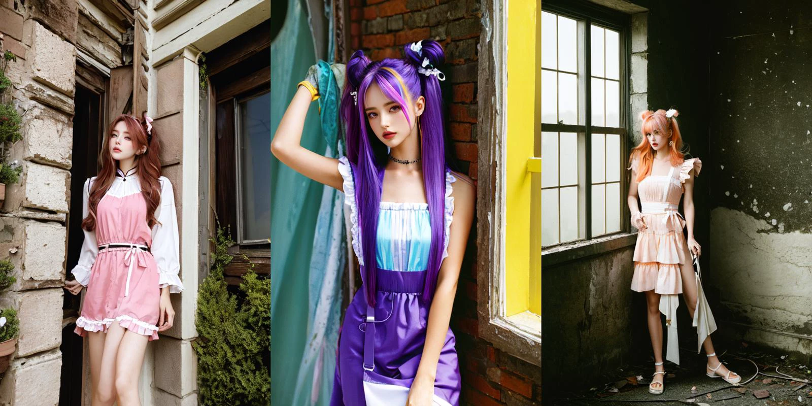 (otherworldly), highly insanely detailed, masterpiece, top quality, best quality, highres, 4k, 8k, RAW photo, (very aesthetic, beautiful and aesthetic), 1girl, Tower13_Gizelle,
BREAK
<lora:china maid_V1.0:1>,
jyojifuku, china maid, apron, frills, double bun,
BREAK
(long-shot ruins, building, window frame, cracked window, wall corner, upturned, abandoned, metal, industrial, fence, moody, cracked mud, urban, canalside:1.2),
BREAK
(__lazy-wildcards/char/haircolor__:1.3),
__lazy-wildcards/dataset/background-color__,
âââ