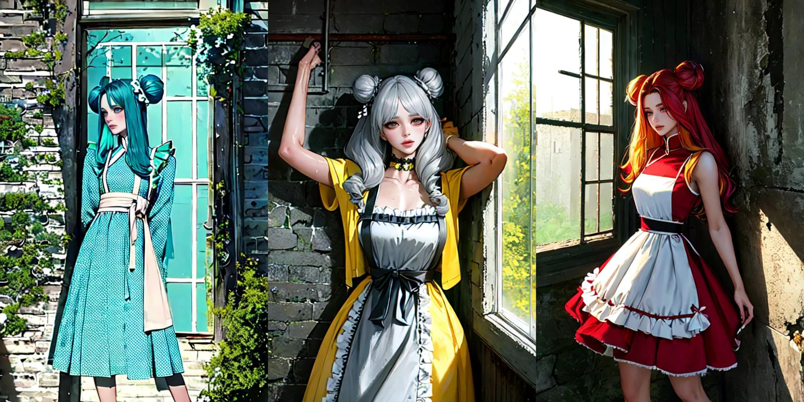 (otherworldly), highly insanely detailed, masterpiece, top quality, best quality, highres, 4k, 8k, RAW photo, (very aesthetic, beautiful and aesthetic), 1girl, Tower13_Gizelle,
BREAK
<lora:china maid_V1.0:1>,
jyojifuku, china maid, apron, frills, double bun,
BREAK
(long-shot ruins, building, window frame, cracked window, wall corner, upturned, abandoned, metal, industrial, fence, moody, cracked mud, urban, canalside:1.2),
BREAK
(__lazy-wildcards/char/haircolor__:1.3),
__lazy-wildcards/dataset/background-color__,
âââ