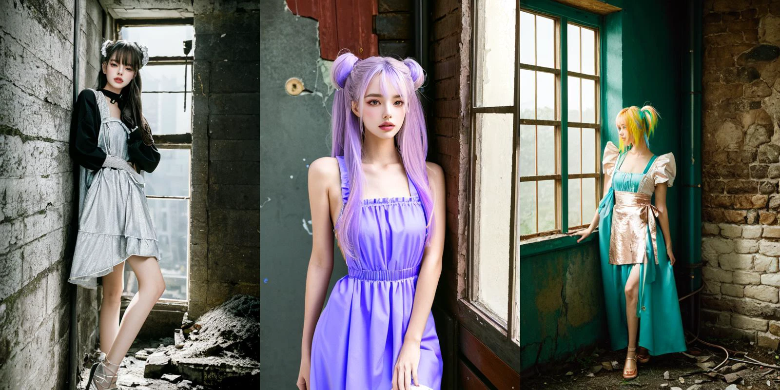 (otherworldly), highly insanely detailed, masterpiece, top quality, best quality, highres, 4k, 8k, RAW photo, (very aesthetic, beautiful and aesthetic), 1girl, Tower13_Gizelle,
BREAK
<lora:china maid_V1.0:1>,
jyojifuku, china maid, apron, frills, double bun,
BREAK
(long-shot ruins, building, window frame, cracked window, wall corner, upturned, abandoned, metal, industrial, fence, moody, cracked mud, urban, canalside:1.2),
BREAK
(__lazy-wildcards/char/haircolor__:1.3),
__lazy-wildcards/dataset/background-color__,
âââ