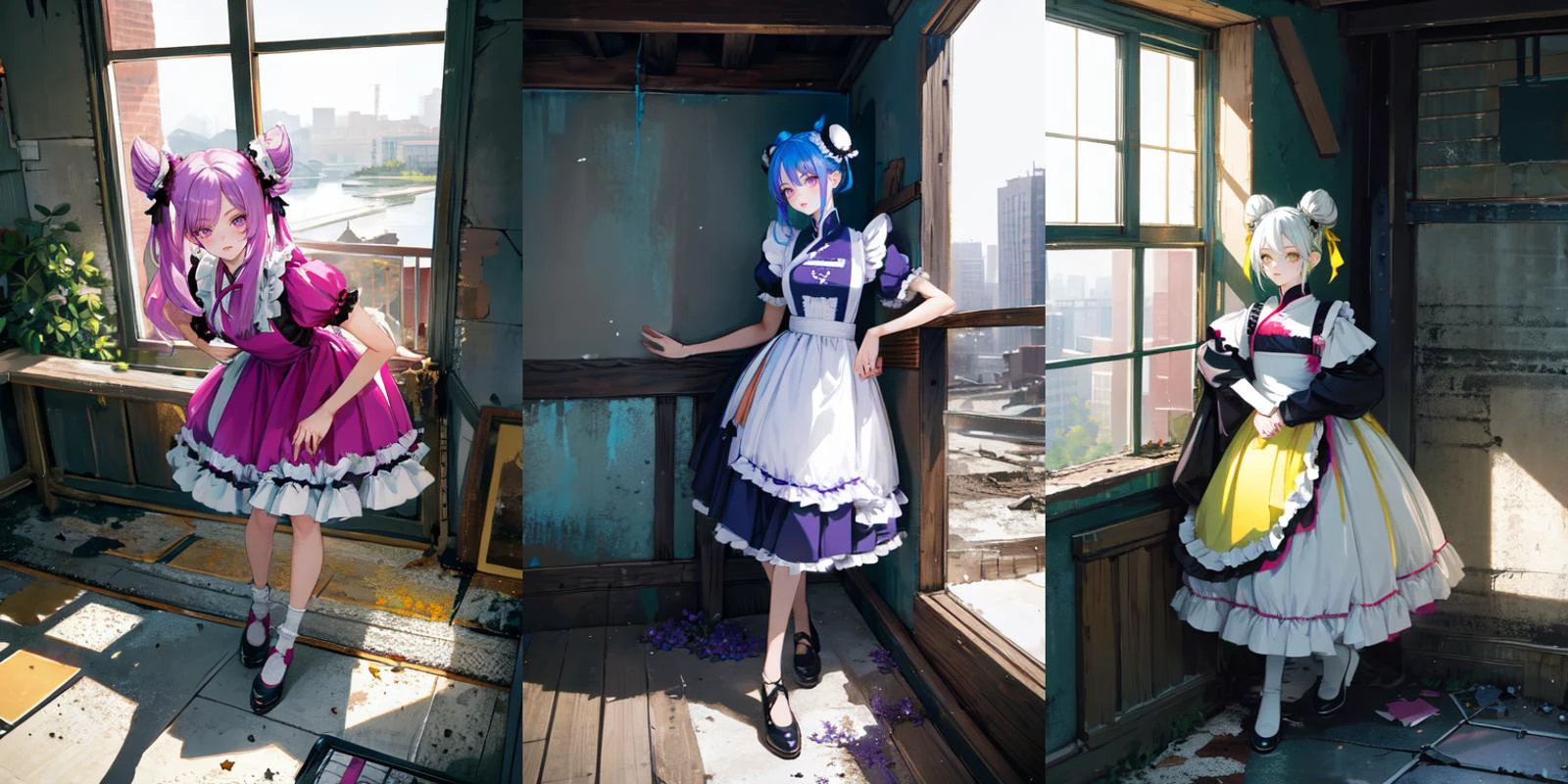 (otherworldly), highly insanely detailed, masterpiece, top quality, best quality, highres, 4k, 8k, RAW photo, (very aesthetic, beautiful and aesthetic), 1girl, Tower13_Gizelle,
BREAK
<lora:china maid_V1.0:1>,
jyojifuku, china maid, apron, frills, double bun,
BREAK
(long-shot ruins, building, window frame, cracked window, wall corner, upturned, abandoned, metal, industrial, fence, moody, cracked mud, urban, canalside:1.2),
BREAK
(__lazy-wildcards/char/haircolor__:1.3),
__lazy-wildcards/dataset/background-color__,
âââ