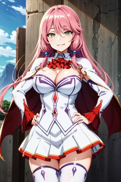 masterpiece, best quality, highres, aaflare, long hair, hair bobbles, bangs, green eyes, red ascot, white capelet, cleavage, white dress, long sleeves, white thighhighs, <lora:flare_arlgrande_jioral_v1:0.7>, cowboy shot, standing, outdoors, evil smile, hand on hip,