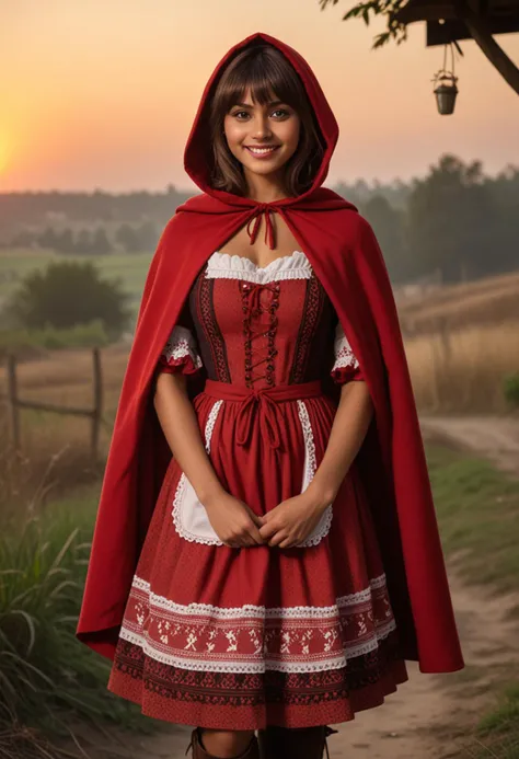 (medium full shot) of (kind-hearted red riding hood) young woman, indian, tan skin, brown eyes, slender build, short brown curtain bangs hair, wearing a scarlet hooded cape, patterned dress with apron , buttoned boots, black eyeshadow, bonnet, set in , during sunset, woman smiling, Masterpiece,best quality, photo, realistic, very aesthetic, detailed face,