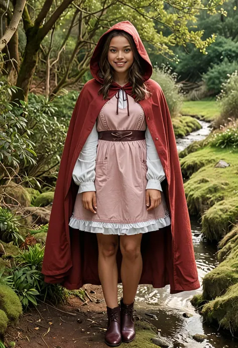 (medium full shot) of (adventurous red riding hood) young woman, south african, dark skin, brown eyes, slim build, long brown retro hair, wearing a maroon hooded cape, frilled dress , leather shoes , soft pink blush, patterned apron, set in a secluded clearing, with soft moss, gentle sunlight, distant bird calls, a hidden stream, and a peaceful ambiance, at night, woman smiling, ,Masterpiece,best quality, photo, realistic, very aesthetic, detailed face,