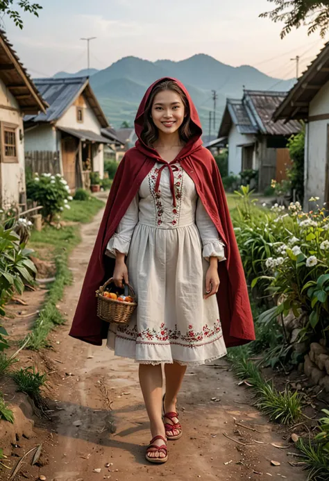 (medium full shot) of (adventurous red riding hood) young woman, thai, light skin, brown eyes, petite build, medium hazel half-up half-down hair, wearing a burgundy hooded cape, embroidered blouse, simple petticoat, practical walking shoes, natural lip tint, floral hairpin, set in a small, quiet village, with narrow paths, rustic houses, farm animals, open fields, and a serene atmosphere, at night, woman smiling, ,Masterpiece,best quality, photo, realistic, very aesthetic, detailed face,