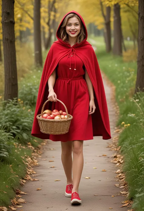 (medium full shot) of (kind-hearted red riding hood) young woman, swedish, tan skin, light brown eyes, Medium build, short hazel ponytail hair, wearing a red hooded cape, short red dress , practical walking shoes, red lipstick, carrying a decorative basket, set in , woman smiling, Masterpiece,best quality, photo, realistic, very aesthetic, detailed face,