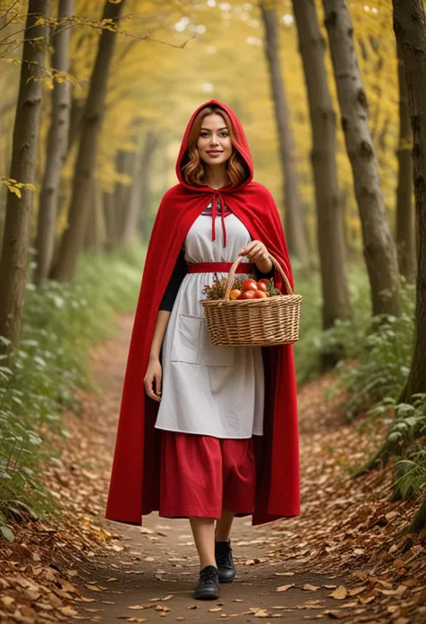 (medium full shot) of (playful red riding hood) young woman, indian, tan skin, light brown eyes, full-figured build, long ginger bob hair, wearing a scarlet hooded cape, layered dress with apron , practical walking shoes, black eyeshadow, carrying a small basket, set in a serene woods, with rustling leaves, dappled sunlight, a gentle breeze, birds singing, and a sense of peace, woman smiling, Masterpiece,best quality, photo, realistic, very aesthetic, detailed face,