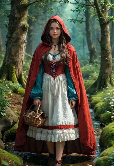 (medium full shot) of (charming red riding hood) young woman, swedish, tan skin, turquoise eyes, full-figured build, long dark hime cut hair, wearing a maroon hooded cape, long-sleeve shirt, simple petticoat, leather shoes with buckles, soft pink blush, embroidered apron, set in a secluded clearing, with soft moss, gentle sunlight, distant bird calls, a hidden stream, and a peaceful ambiance, at night, woman smiling, ,Masterpiece,best quality, photo, realistic, very aesthetic, detailed face,