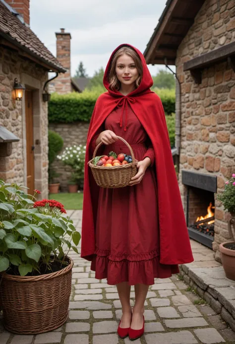 masterpiece, reality, 4k, (medium full shot) of (brave red riding hood) young woman, italian, tan skin, brown eyes, slender build, short red single braid hair, wearing a dark red hooded cape, frilled dress , mary janes, natural lip tint, carrying a wicker basket, set in a small, rustic cottage, with a stone hearth, simple furnishings, a tidy garden, and smoke curling from the chimney, at night, woman smiling