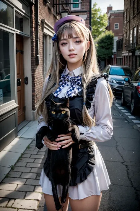 (realistic:1.3), finely detailed, quality, rembrandt lighting, (masterpiece:1.2), (photorealistic:1.2), (best quality), (detailed skin:1.3), (intricate details), dramatic, ray tracing, 1girl, 21 years old, detailed skin texture, (blush:0.5), (goosebumps:0.5), subsurface scattering, smiling, medium breasts, blackkitty- hairstyle, outfit-blackkitty, green eyes, long hair, grey hair, mini hat, hair ornament, bangs, holding animal, holding cat, cat, cowboy shot, (bright sunny day, outdoors, street, sky), <lora:outfit-black_kitty's_giftV2:1>