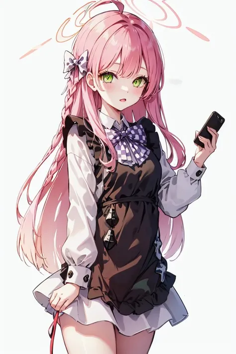 outfit-blackkitty, 1girl, green eyes, long hair, solo, halo,cowboy shot,mini hat, white background, simple background, bangs,phone <lora:char-hanako:1> <lora:outfit-black_kitty's_giftV2:0> <lora:outfit-black_kitty's_giftV2-000008:1>