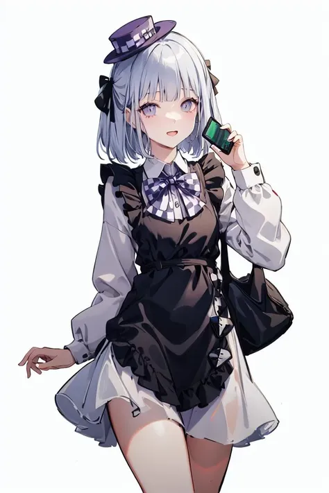 outfit-blackkitty, 1girl,  solo, cowboy shot,mini hat, white background, simple background, phone <lora:char-hanako:0> <lora:outfit-black_kitty's_giftV2:0> <lora:outfit-black_kitty's_giftV2-000008:1> <lora:char-rpk16:1>