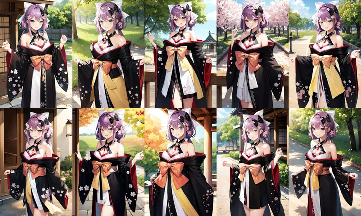 masterpiece, best quality, highres, aaritsuki, low twintails, hair ornament, hair bow, white bow, hair flower, halterneck, cleavage, off shoulder, japanese clothes, black kimono, long sleeves, wide sleeves, floral print, <lora:sakura_ritsuki_v1:0.7>, standing, cowboy shot, outdoors, looking at viewer, smile,
