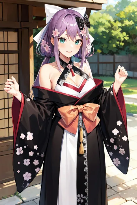 masterpiece, best quality, highres, aaritsuki, low twintails, hair ornament, hair bow, white bow, hair flower, halterneck, cleavage, off shoulder, japanese clothes, black kimono, long sleeves, wide sleeves, floral print, <lora:sakura_ritsuki_v1:0.7>, standing, cowboy shot, outdoors, looking at viewer, smile,