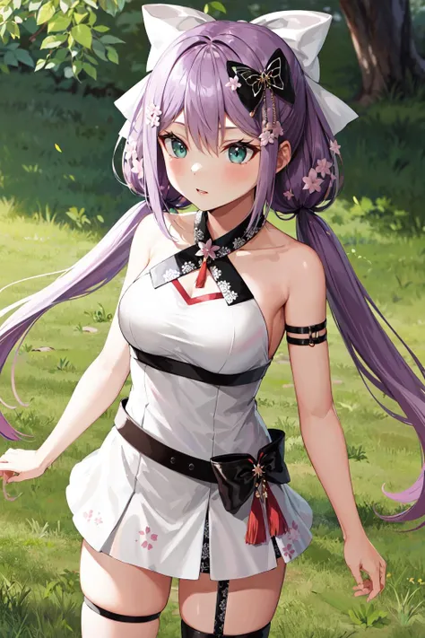 masterpiece, best quality, highres, aaritsuki, low twintails, hair ornament, hair bow, white bow, hair flower, halterneck, bare shoulders, white dress, short dress, sleeveless, belt, thigh strap, floral print, <lora:sakura_ritsuki_v1:0.7>, standing, outdoors, cowboy shot,