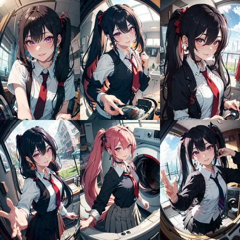 (otherworldly, otherworldly atmosphere, otherworldly appearance), highly insanely detailed, masterpiece, top quality, best quality, highres, 4k, 8k, RAW photo, (long_hair, long hair), collar, earrings, jewelry,
(random colors cloth, random colors hair, random long hair, dynamic hair, glowing hair),
long hair, eyelashes, eyeliner, makeup, hair over one eye,
(dynamic pose), (dynamic weather),
(((extra closeup on face))), (((fisheye lens))), putting clothes into washing machine in laundry, ribbon, twintails, longhair, tie, school uniform, sweat, shy, blush, mature figure proportion, <lora:girllikewashingmachine:1.2>,
(smiling at viewer), (fantasy world)