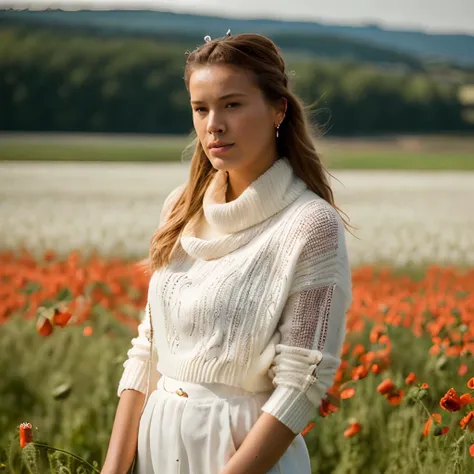 EvaHerzigova an , a elegant woman, on a (white poppy field:1.2), wearing a (cowl-neck-sweater), (flowering-landscape), (realistic, photo-realistic:1.37), ultra high res, ultra-detailed, incredibly beautiful girl, 8k uhd, dslr, soft lighting, high quality, film grain, Fujifilm XT3