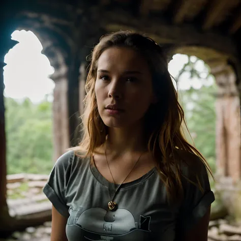 PetraNemcova, a beautiful woman, beautiful bone structure, in a (ruin), in the woods, spooky, wearing a (t-shirt:1.1), (thunderstorm:1.2), (realistic, photo-realistic:1.37), ultra high res, ultra-detailed, incredibly beautiful girl, 8k uhd, dslr, soft lighting, high quality, film grain, Fujifilm XT3