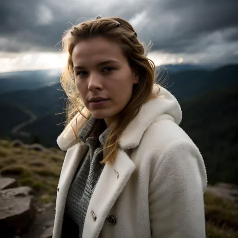 EvaHerzigova,updo hair style, a close up art style photo, (30 year old woman) , (white fur coat), winter, (snow covered trees, rocky mountains), (fog), (log cabin), evening, 24mm, 4k textures, soft cinematic light, adobe lightroom, photolab, hdr, intricate, elegant, highly detailed, sharp focus, ((((cinematic look)))), soothing tones, insane details, intricate details, hyperdetailed, low contrast, soft cinematic light, exposure blend, hdr,