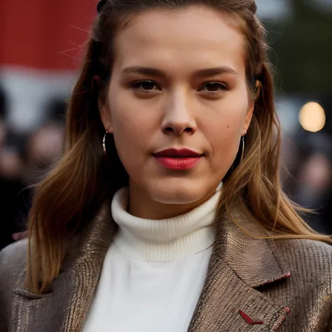 PetraNemcova,  photorealistic painting art by midjourney and greg rutkowski, (long brown coat), (turtleneck sweater), ((movie premiere gala)), (trousers), ((standing on the red carpet)), ((paparazzi in the background)), (detailed pupils:1.3), (modern outfit:1.2), ((closeup:1.2)), red lips