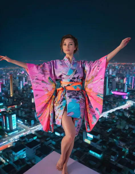 Amidst the vibrant, futuristic landscape awash in neon hues, a solo, strong-willed woman dressed elegantly in an intricately patterned kimono defies gravity, her determined pose gracefully capturing the breathtaking architecture from a bird's eye perspective as she embodies the essence of courage and style. Ari <lora:itgiou18f9c870704va00:1>