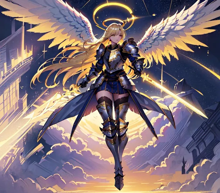 (angel:1.2), blonde hair, long hair, armor, (detailed armor:1.3), highres, (holy), (giant wings), ((Masterpiece)), ((best quality)), ((Super Detail)), highest detailed, beautiful light detail,(detailed background:1.3), (full body:1.3), (halo:1.2), holding weapon, sharp face, outdoors, full armor,paladin, knight, complex,<lora:angelicWairrorsValkyrie_v1:0.8>, moon, star \(sky\), shooting star,