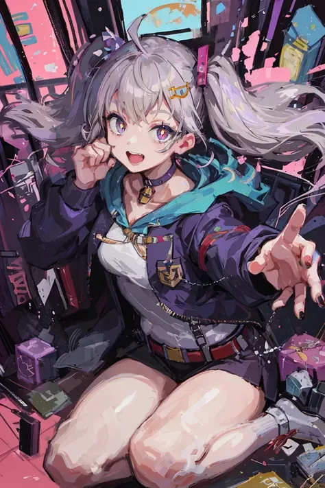 cyberpunk, skyscraper,
digital paint, digital media player,
<lora:crazyExpressions_crazyExpressions:0.3>, (constricted pupils:1.3), (perspective:1.4), (airship:1.4)
BREAK
purple_eyes, blue_hoodie, bow, canvas_\(object\), easel, eraser, hair_ornament, holding, holding_stylus, hood, hood_down, hooded_jacket, hoodie, jacket, long_hair, long_sleeves, looking_at_viewer, nail_polish, notebook, sidelocks, silver_hair, sitting, smile, solo, stylus, twintails, (cellphone:1.1), pocket_bell, (messy hair:1.2),
BREAK
(delicate embroidery:1.4),
(dynamic pose:1.5), 1girl, solo, <lora:DiscoElysiumStyle_v1:0.6>