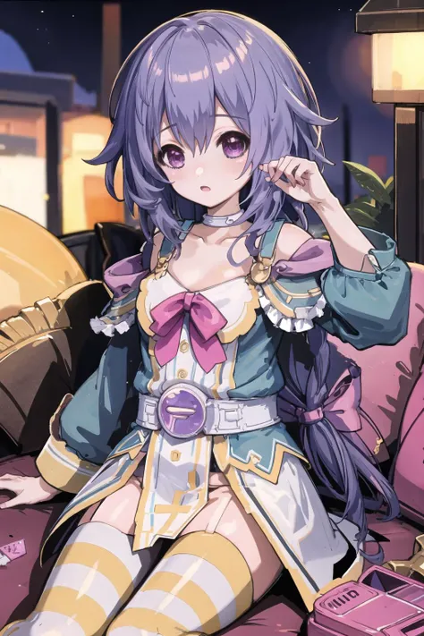 masterpiece, highres,best quality,Perfect details,ultra-detailed,1girl,solo,plutia, striped, bow, ribbon, hair bow, single braid,night