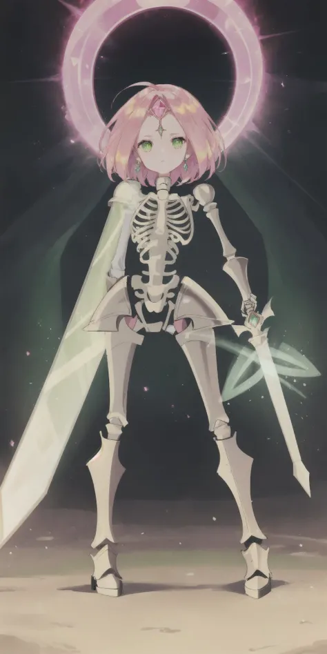 skeleton, armor, long crooked sword, pink diamond in the forehead, luminous, green gas