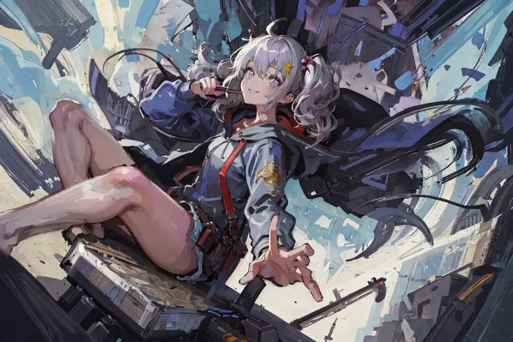 cyberpunk, skyscraper,
digital paint, digital media player,
<lora:crazyExpressions_crazyExpressions:0.3>, (constricted pupils:1.3), (perspective:1.4), (airship:1.4)
BREAK
purple_eyes, blue_hoodie, bow, canvas_\(object\), easel, eraser, hair_ornament, holding, holding_stylus, hood, hood_down, hooded_jacket, hoodie, jacket, long_hair, long_sleeves, looking_at_viewer, nail_polish, notebook, sidelocks, silver_hair, sitting, smile, solo, stylus, twintails, (cellphone:1.1), pocket_bell, (messy hair:1.2),
BREAK
(delicate embroidery:1.4),
(dynamic pose:1.5), 1girl, solo, <lora:DiscoElysiumStyle_v1:0.6>