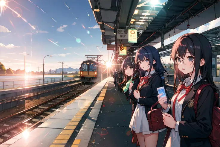 small breasts, ((((a fascinated expression)))),((((a benevolent countenance)))),((((lens flare)))),((((growing)))),
Three girls in school uniforms are waiting for a train to arrive on the platform of a large urban station.