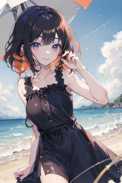 masterpiece,best quality,orange hair, black hair, curly hair, seductive smile,sky, summer dress, on the beach, Bokeh,sunlight shining on the face