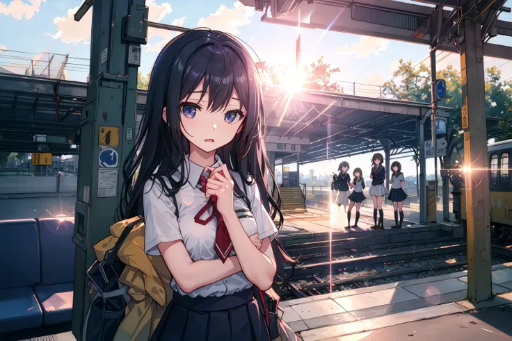 small breasts, ((((a fascinated expression)))),((((a benevolent countenance)))),((((lens flare)))),((((growing)))),
Three girls in school uniforms are waiting for a train to arrive on the platform of a large urban station.