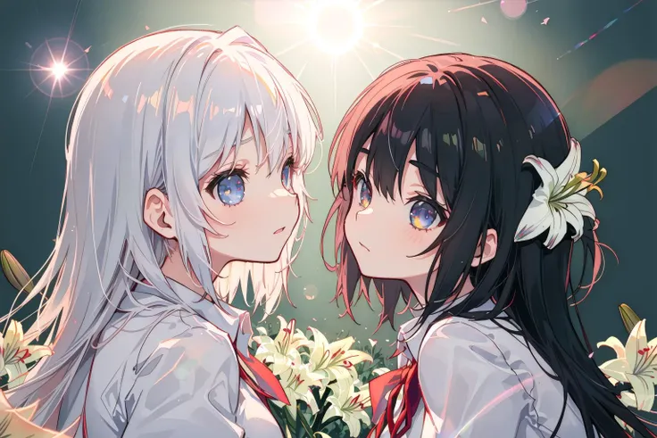 small breasts,((((a fascinated expression)))),((((a benevolent countenance)))),((((looking looking at another)))),((((lens flare)))),((((growing)))),
((Two high school girls)),((((cheek to cheek)))),blackhair,school uniform,((((lily flower background)))),
bust-up photo
