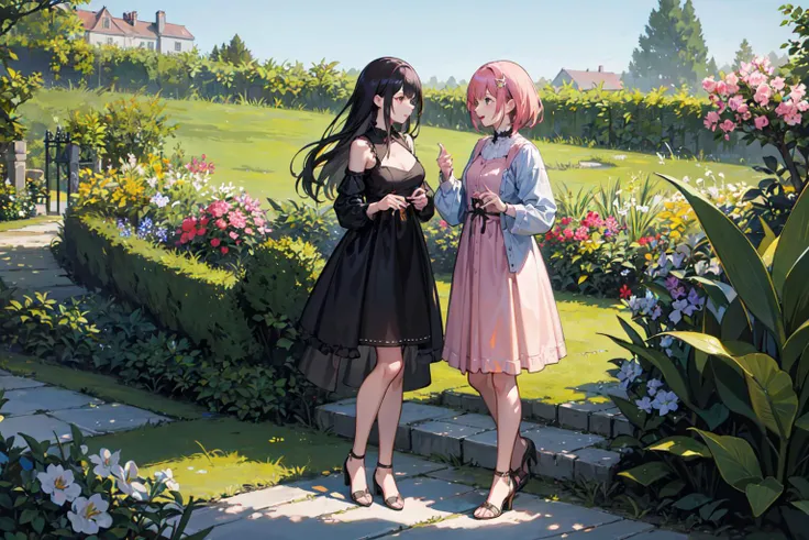 full body photo of two beautiful women gossiping in the garden