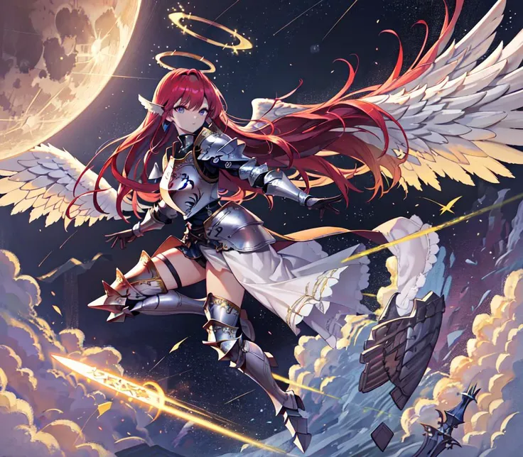 (angel:1.2), long hair, armor, (detailed armor:1.3), highres, (holy), (giant wings:1.3), ((Masterpiece)), ((best quality)), ((Super Detail)), highest detailed, beautiful light detail,(detailed background:1.3), (full body:1.3), (halo:1.2), glowing weapon, sharp face, outdoors, full armor,paladin, knight, complex,<lora:angelicWairrorsValkyrie_v1:0.8>, moon, star \(sky\), shooting star, (dust cloud:0.8), 1girl, 4K Unity,