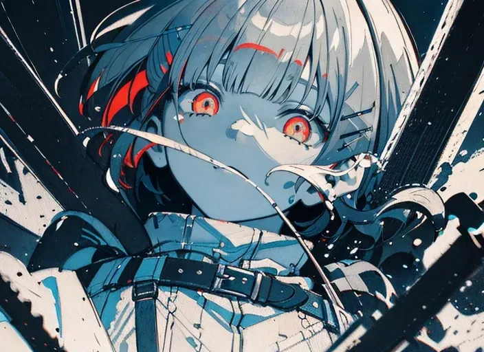 best quality, high resolution, distinct image, soft lighting, detailed face, intricate details, pencil drawing, oil painting, (heavy strokes:1.8), paint dripping, hyperealist, surreal art, elegant, (analog art:1.0), (high contrast:1.7),
delicate embroidery, dynamic pose, blue light, soft light,
<lora:crazyExpressions_crazyExpressions:0.3>, constricted pupils, perspective,
1girl, solo,
looking to the side,
girl, hairclip, blunt bangs, short hair with long locks, adult woman, short hair, red eyes, grey hair, red poncho, belt, belt buckle, pants,
(day of new greentea:1.1),