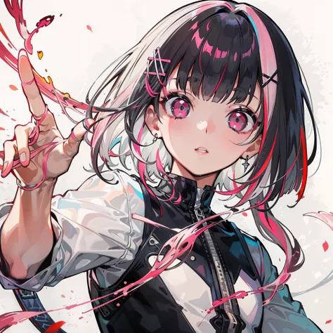 masterpiece, best quality, hdr,
hairclip, (blunt bangs:1.2), (short hair with long locks:1.2), short hair, multicolored hair, parted lips, pink eyes, pink hair, black hair, red hair, grey hair, streaked_hair, x hair ornament,
(detailed hair strings:1.2),
(dynamic pose:1.2), (1boy:1.1), solo