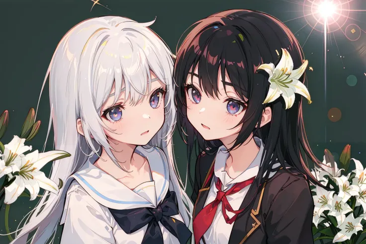 small breasts,((((a fascinated expression)))),((((a benevolent countenance)))),((((looking looking at another)))),((((lens flare)))),((((growing)))),
((Two high school girls)),((((cheek to cheek)))),blackhair,school uniform,((((lily flower background)))),
bust-up photo