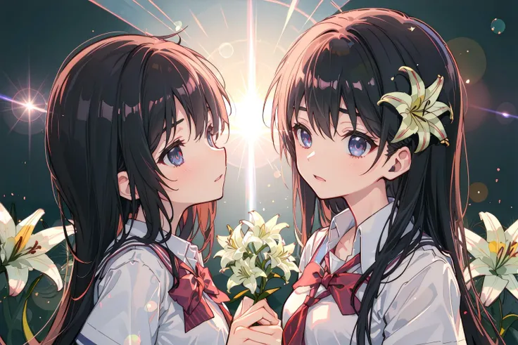 small breasts,((((a fascinated expression)))),((((a benevolent countenance)))),((((looking looking at another)))),((((lens flare)))),((((growing)))),
((Two high school girls)),((((cheek to cheek)))),blackhair,school uniform,((((lily flower background)))),
bust-up photo