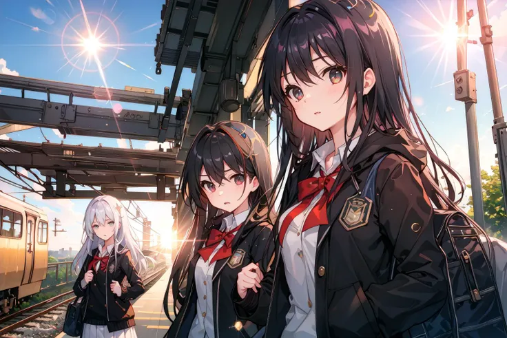 small breasts, ((((a fascinated expression)))),((((a benevolent countenance)))),((((lens flare)))),((((growing)))),
Three girls in school uniforms are waiting for a train to arrive on the platform of a large urban station.