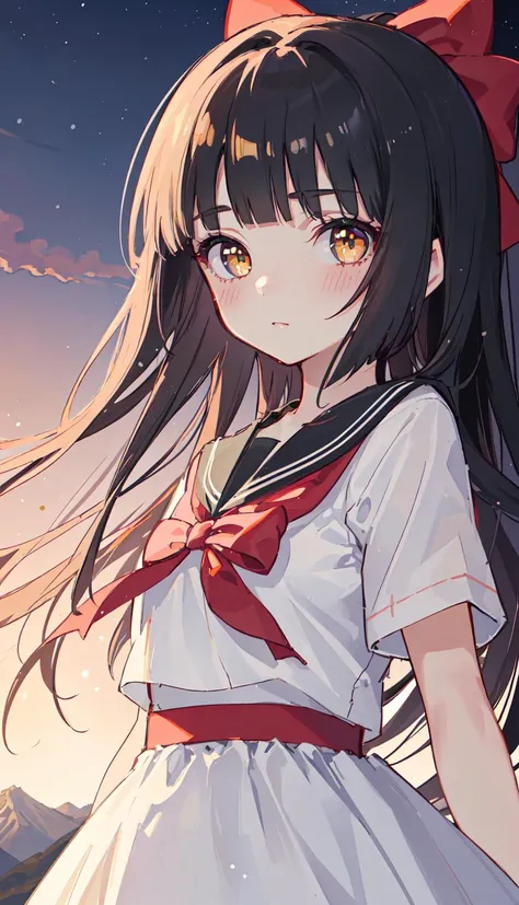 1girl,
yellow eyes, black hair,blunt bangs, red bow, long hair, straight hair, eyebrows_visible_through_hair,
shy, blush,
small breasts,
age:16, female child, petite,
full_body,
serafuku, one piece, dress,
beautiful detailed gir, bright eyes, Fine hair texture,
anime,
(((masterpiece))), (((best quality))), ((ultra-detailed)),(best shadow), ((an extremely delicate and beautiful)),dynamic angle,
(medium shot:1.2), intense angle, blurry foreground, (depth of field:1.3),
detailed face, detailed eyes, detailed background, detailed skin,

light particles,night sky, nature, mountain peak,dawn,