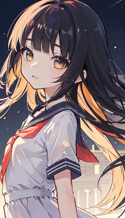 1girl,
yellow eyes, black hair,blunt bangs, red bow, long hair, straight hair, eyebrows_visible_through_hair,
small breasts,
age:16, female child, petite,
full_body,
white serafuku, one piece, dress,
beautiful detailed gir, bright eyes, Fine hair texture,
anime,
(((masterpiece))), (((best quality))), ((ultra-detailed)),(best shadow), ((an extremely delicate and beautiful)),dynamic angle,
(medium shot:1.2), intense angle, blurry foreground, (depth of field:1.3),
detailed face, detailed eyes, detailed background, detailed skin,
light particles,night sky,