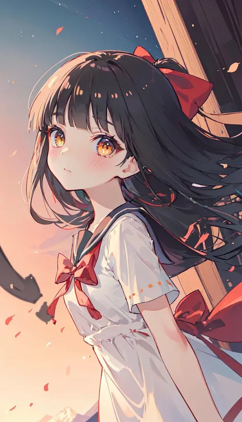 1girl,
yellow eyes, black hair,blunt bangs, red bow, long hair, straight hair, eyebrows_visible_through_hair,
shy, blush,
small breasts,
age:16, female child, petite,
full_body,
serafuku, one piece, dress,
beautiful detailed gir, bright eyes, Fine hair texture,
anime,
(((masterpiece))), (((best quality))), ((ultra-detailed)),(best shadow), ((an extremely delicate and beautiful)),dynamic angle,
(medium shot:1.2), intense angle, blurry foreground, (depth of field:1.3),
detailed face, detailed eyes, detailed background, detailed skin,
light particles,night sky, nature, mountain peak,dawn,