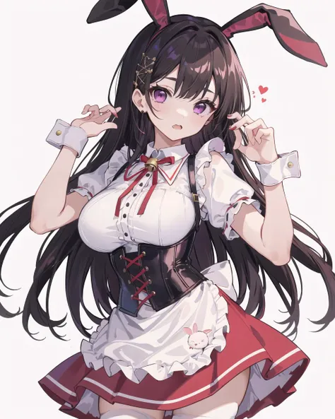 absurdres, best quality, 1girl, solo, <lyco:GoodHands-beta2:1>, black hair, purple eyes, long hair, large breasts, <lora:ahBunny-000120:1>, ahBunny, rabbit ears, red corset, gakuran, apron, red neck ribbon, red skirt, hair bow, short sleeves, wrist cuffs , white thighhighs, jingle bell