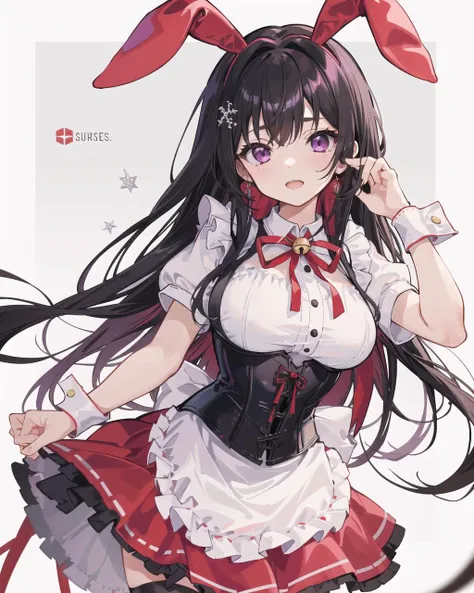absurdres, best quality, 1girl, solo, <lyco:GoodHands-beta2:1>, black hair, purple eyes, long hair, large breasts, <lora:ahBunny-000120:1>, ahBunny, rabbit ears, red corset, gakuran, apron, red neck ribbon, red skirt, hair bow, short sleeves, wrist cuffs , white thighhighs, jingle bell